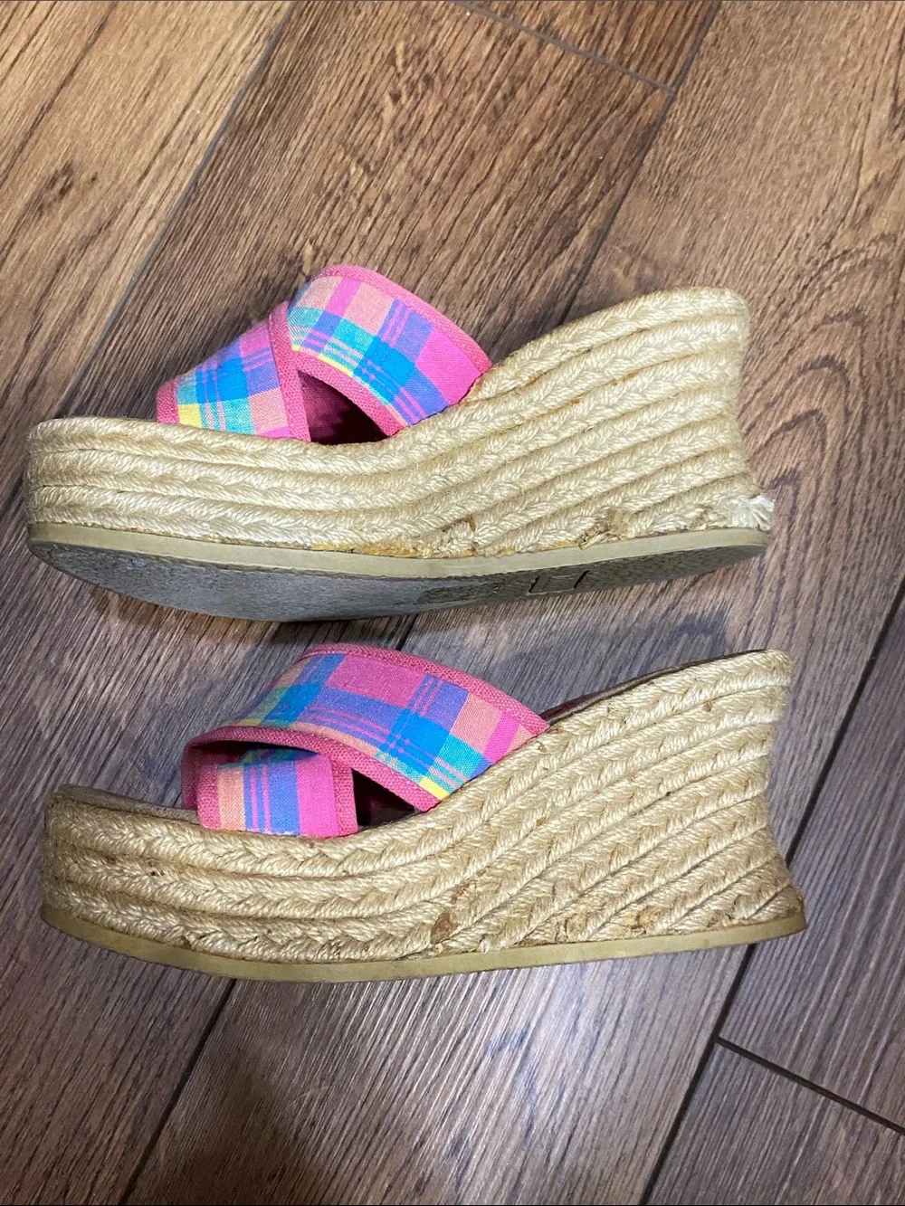Vintage 90s Y2K Bongo Plaid Wedge Sandals Platform Espadrille